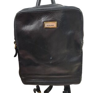 Perlina Black Leather Mini Backpack Purse Gold Hardware Zip Top Casual‎ Travel